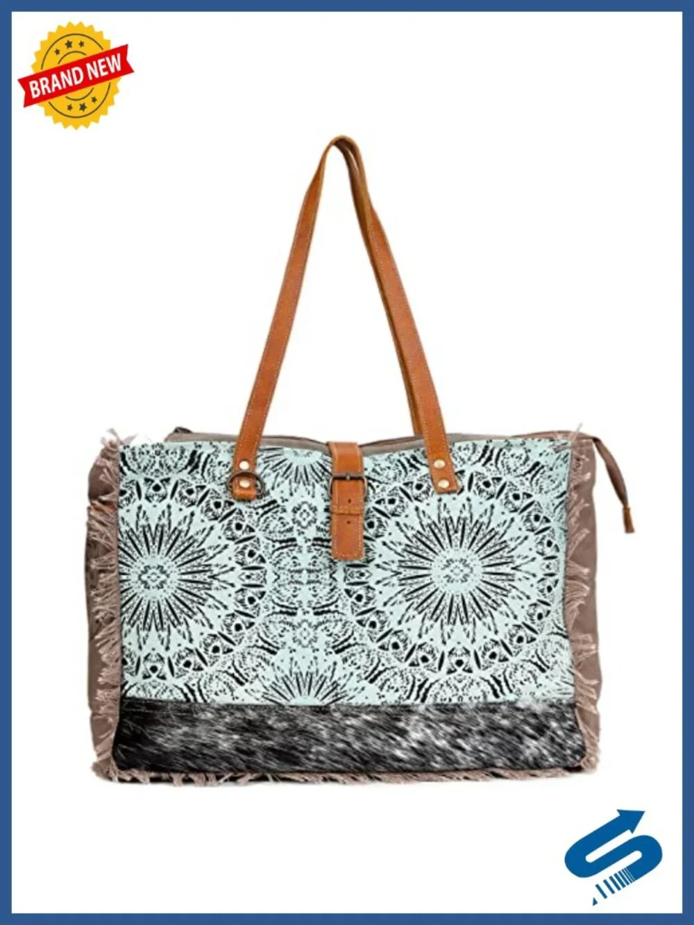 Canvas Handbag with Cowhide Leather Trim - Tote Bag for Women